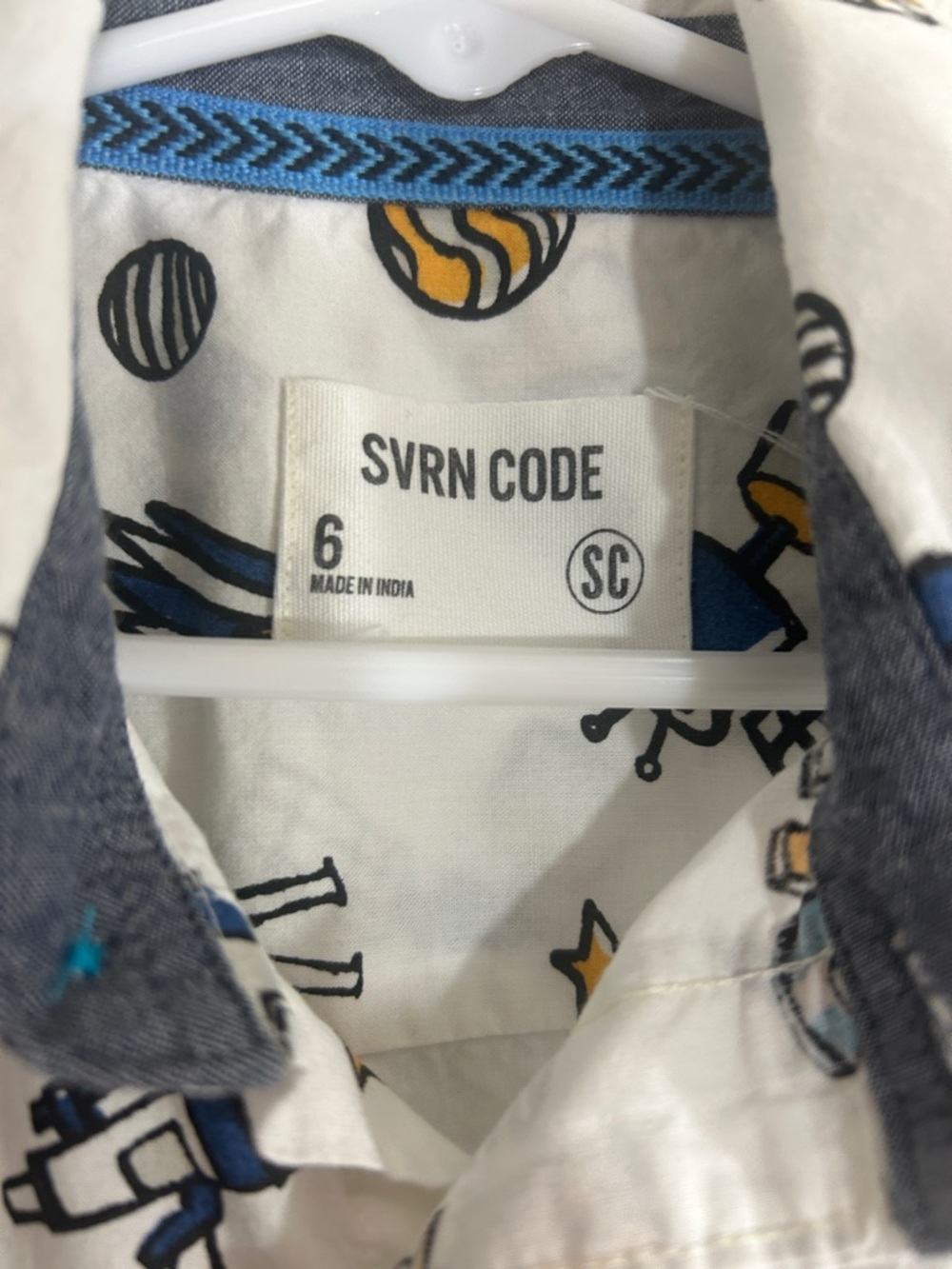 Space Graphic Short-Sleeve Button-Down Shirt - White with Blue & Yellow Print - Picture 2 of 6